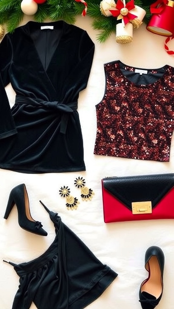 Chic Christmas Outfit Ideas Chic Christmas outfit ideas displayed in a flat lay with festive decorations.